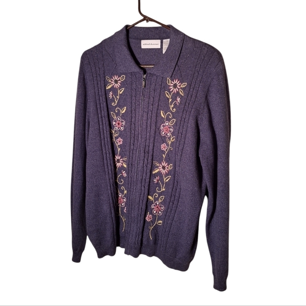 Alfred Dunner Full Zip Cardigan Sweater Ladies XL Embroidered Floral Design Blue - Picture 1 of 4